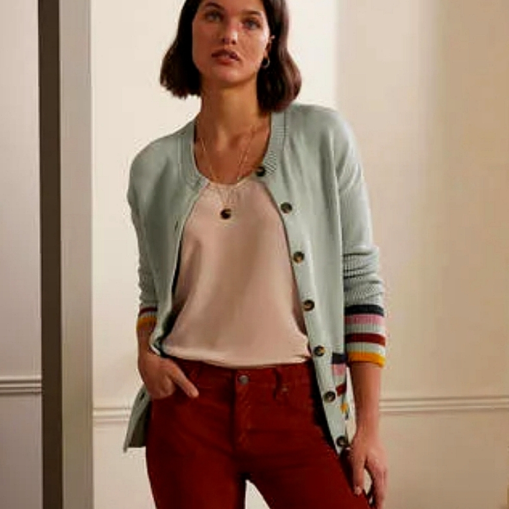 Boden Mint Green Cardigan with Multicolor Striped Cuffs